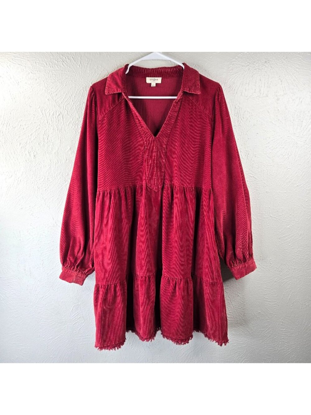 Umgee Babydoll Pocket Dress Red Corduroy Tiered Collared Oversized Boho Western
